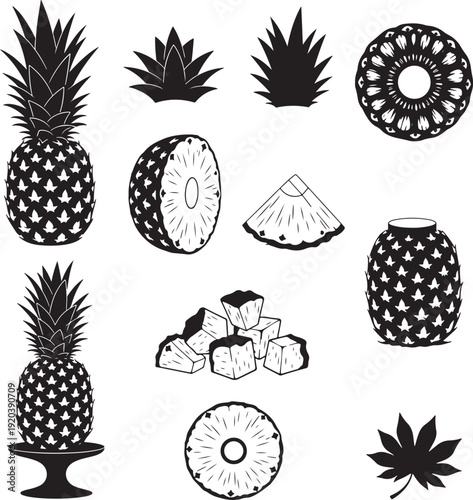 Tropical fruit vector icon set. Includes pineapple, kiwi, coconut, and sliced fruits. Created in simple line style with black and white palette.