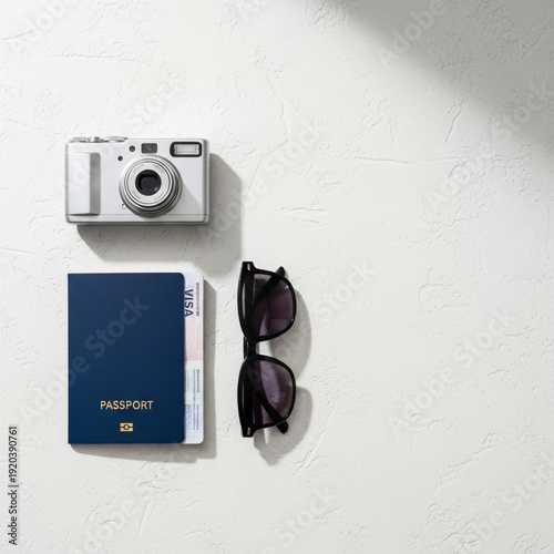 Travel essentials flat lay: passport, digital camera, and sunglasses neatly arranged on a textured white surface.