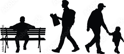 Men silhouettes collection, father walking with child traveler with backpack and man sitting on bench isolated vector set