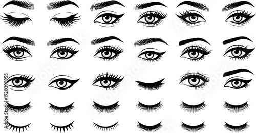 Eye illustration icon set, expressive design artwork, open and closed motif, eyelash and eyebrow symbol vector collection for fashion, beauty, and artistic themes