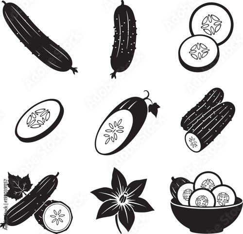 Cucumber icon collection. Includes cucumber, sliced cucumber, cucumber flower, and bowl of cucumbers. Created in black and white line art with simple illustrations.