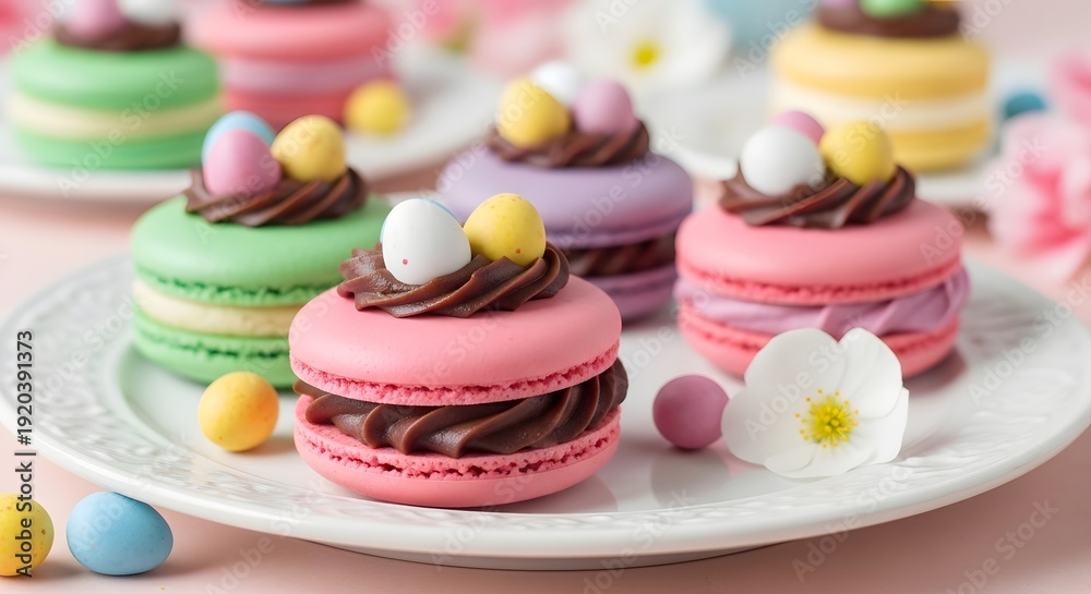 Fototapeta premium Colorful easter macarons with chocolate and candy decorations