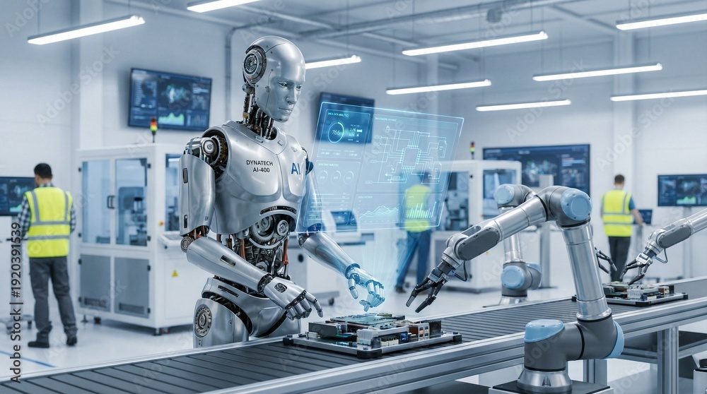 Fototapeta premium Humanoid robot and robotic arms efficiently operate on a futuristic production line, demonstrating advanced manufacturing, artificial intelligence, and industrial automation