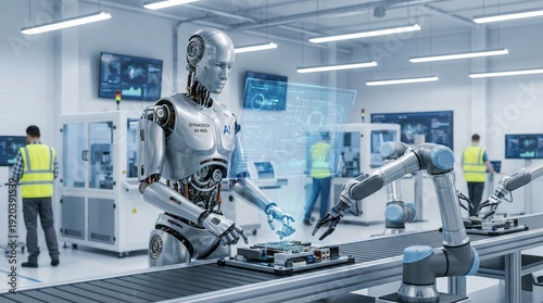 Humanoid robot and robotic arms efficiently operate on a futuristic production line, demonstrating advanced manufacturing, artificial intelligence, and industrial automation