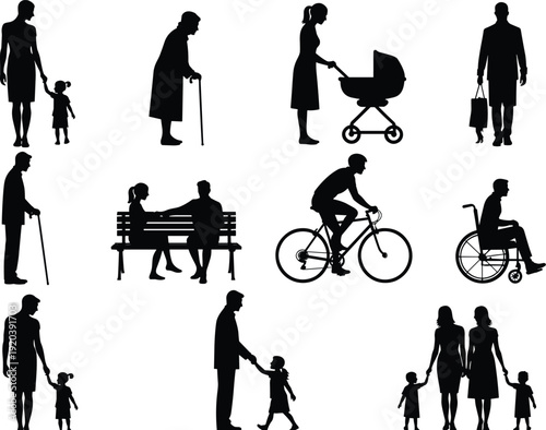 People lifestyle silhouette collection, family, parenting, elderly care, mobility, cycling, walking, daily routine, social interaction, vector illustration set