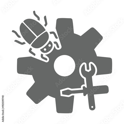 Gear icon setting with bug and wrench for debugging and maintenance symbolizing technical issues and repair, editable, isolated on white background.