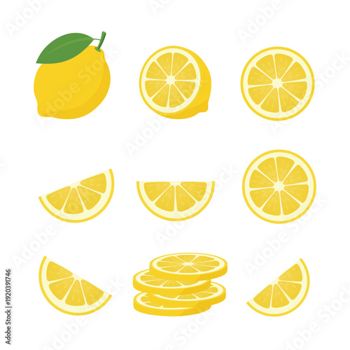 Lemon Fruit Set with Slices – Fresh Yellow Lemon Flat Vector Illustration