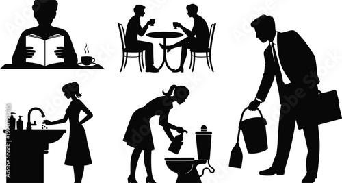 People daily activities silhouettes collection, reading meeting cleaning and household routine isolated on white background vector illustration set