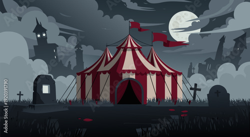 Vector Illustration of a Red and White Striped Circus Tent in a Graveyard under a Full Moon with Eerie Atmosphere