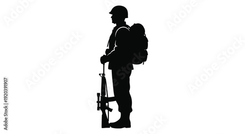 A stark depiction of a soldier in profile carrying a rifle and backpack presented as a silhouette high quality professional detailed