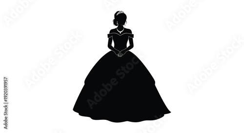 A striking black silhouette depicts a woman in an elaborate ballgown evoking a fairytale aesthetic silhouette high quality professional detailed modern
