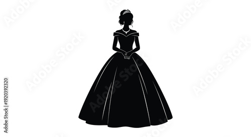 A striking black silhouette depicts a woman in a full elegant ballgown showcasing a classic timeless silhouette high quality professional detailed