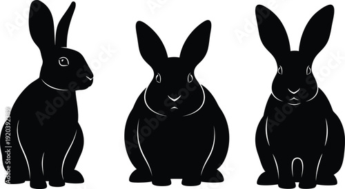 Three black rabbit silhouettes on white background