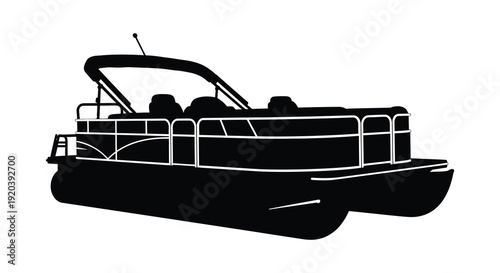 A striking black silhouette depicts a pontoon boat with a canopy showcasing its distinct aquatic design silhouette high quality professional detailed