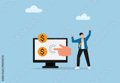 Online Earning and Digital Business Concept Illustration with Computer Monitor Click Icon, Dollar Coins, and Business Person Celebrating Income
