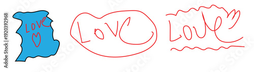 Set of three love illustrations with handwritten red text on blue shape and transparent background