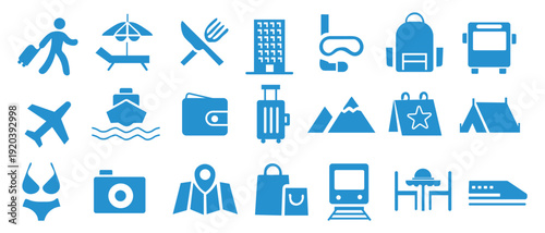 Travel and tourism icon set with various vacation symbols and transportation elements