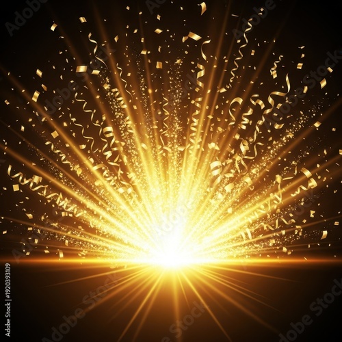 A massive, shimmering golden explosion of light and sparkling confetti bursts forth, representing ultimate success and overwhelming victory and triumph, triumphant, prize, successful