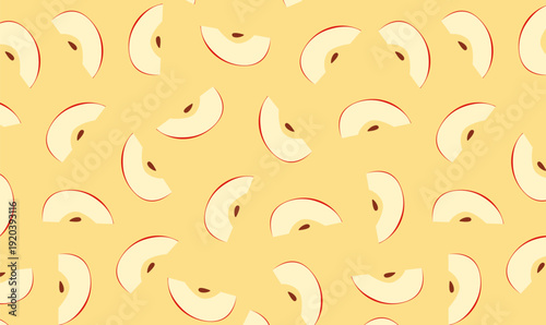 A minimalist vector seamless pattern of fresh red apple slices and fruit on a light yellow background. This flat illustration is perfect for fabrics, wrapping paper, packaging, wallpaper, and food 