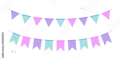 Garland of colored,  flags, bunting. Festive holiday, festival, carnival, birthday, party or design element. Vector illustration.