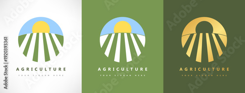 Agriculture logo vector. Agricultural fields, sky and sun.