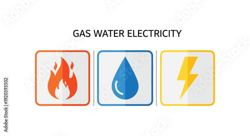 Three colorful squares depict gas water and electricity services with prominent icons a bold silhouette high quality professional detailed modern elegant