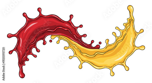 Vibrant red and yellow liquid splashes merging in a dynamic illustration of fluid motion and color blending