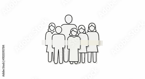 Simple line art icon representing a diverse group of people standing together, symbolizing community, teamwork, and unity.