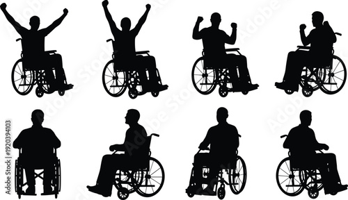 Wheelchair user silhouettes collection showing disabled people mobility poses for accessibility healthcare support rehabilitation awareness inclusive vector illustration isolated set