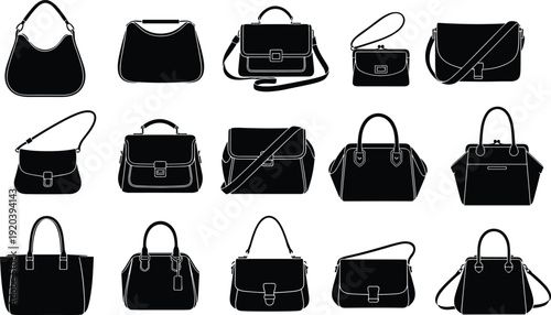 Women handbag silhouettes collection including shoulder bag tote purse clutch for fashion accessory vector illustration isolated design set