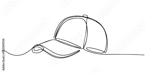 Single continuous line drawing hiking adventure cap hat, trip, travel, camping. Travel accessory, hiking clothes. Editable stroke, Baseball cap or peaked cap in one line art style. Drawing of a head.