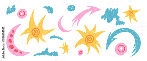 Pastel brush space stars and abstract geometric and freeform blobs figures with chalk-like texture set. Hand-drawn doodle elements. Perfect for kid kindergarten chalk stickers. Vector blinks elements.