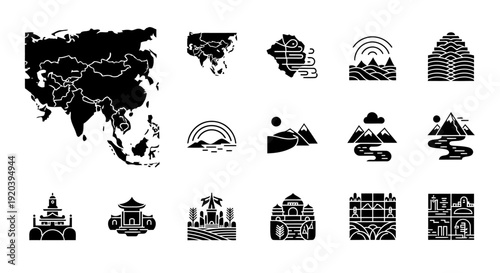 A unique set of twelve black silhouette icons representing conceptual aspects of the Asian continent through abstract geographic forms and environmental symbolism
