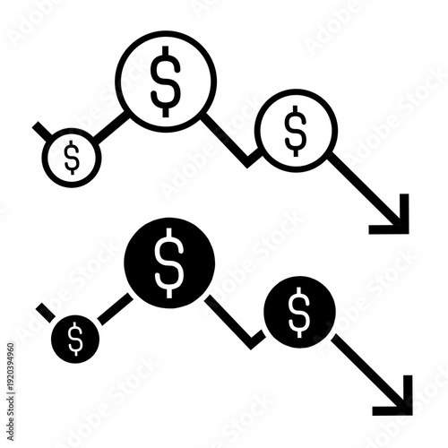 Low Money Concept with Declining Financial Chart and Coin Icons – Revenue Decrease and Business Loss Vector Isolated on Transparent Background