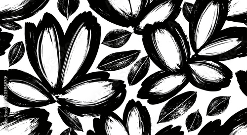 Quadro su tela Abstract Black and White Brush Stroke Floral Pattern.
