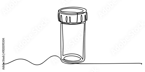 Empty amber prescription bottle continuous one line drawing, Vector art of an amber prescription bottle with the cap off and lying next to it, a simple illustration of medicine, healthcare, and pharma