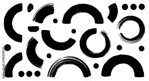 Abstract Black Brush Strokes and Dots on White Background.