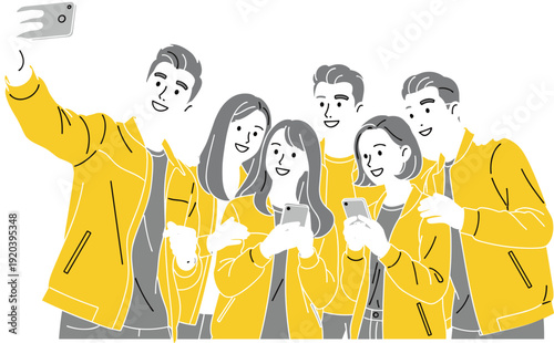 Group of young friends taking selfie with smartphones, happy smiling people in casual outfits social media lifestyle concept isolated on white background