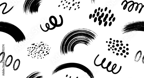 Abstract black brush strokes and dots seamless pattern on white background.