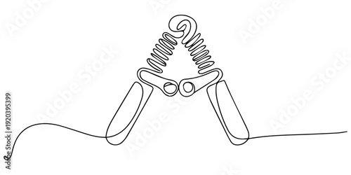 Continuous one line drawing handgrip. Fitness equipment concept, Hand grip strengthener, Hand grip strengthener vector illustration. Metal spring fitness equipment for wrist and forearm workout sketch