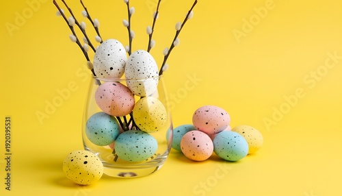 Easter eggs in a glass vase on yellow background