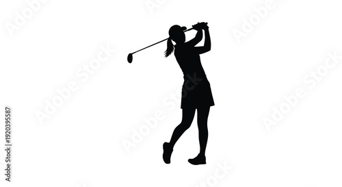 A female golfer in mid swing viewed from the side captured as a striking black silhouette high quality professional detailed modern elegant