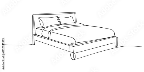 Modern Wooden Bed with White Linen continuous one line drawing, A simple black and white line drawing of a wooden bed frame with a mattress and pillows perfect for interior design concepts, Minimalist