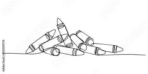 Pile of Colorful Wax Crayons for Drawing continuous one line drawing, Crayon Chaos A line drawing of many crayons on a wooden surface, a couple are broken, arranged on rustic wooden surface with rich.