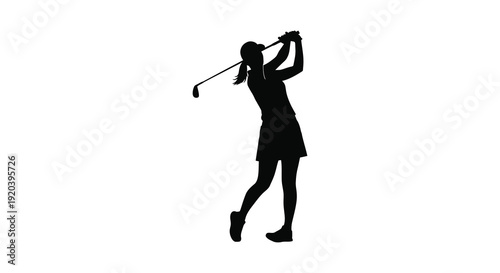 A dynamic black silhouette depicts a female golfer in mid swing showcasing athletic form and precision silhouette high quality professional detailed modern