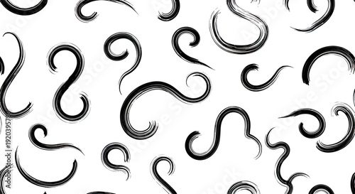 Abstract Black Brush Strokes Swirls and Curls Seamless Pattern.