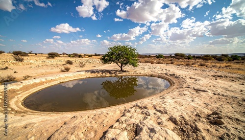 Lone tree and waterhole in arid landscape under blue sky.