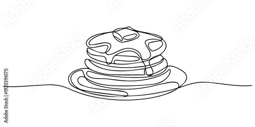 Single Line Drawing of Buttery Pancakes with Syrup Drizzle, Pancake stack continuous line drawing. Minimalist food concept isolated on white background, Single one line drawing pancakes. Breakfast.