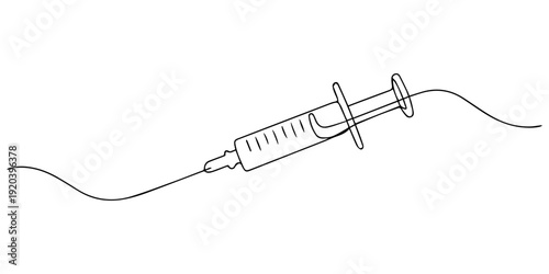 Syringe with Needle Medical Injection continuous one line drawing, Continuous one line drawing of Vaccine and syringe outline art vector illustration, Minimalist line drawing of a syringe with leaking
