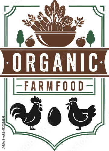 Organic Farm Food Badge Logo with Barn and Animals, Natural Agriculture Healthy Products Vector Illustration